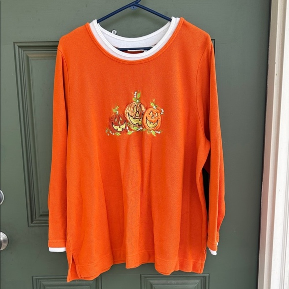 White Stag - faux double shirt, long sleeve, embellished pumpkin, Halloween